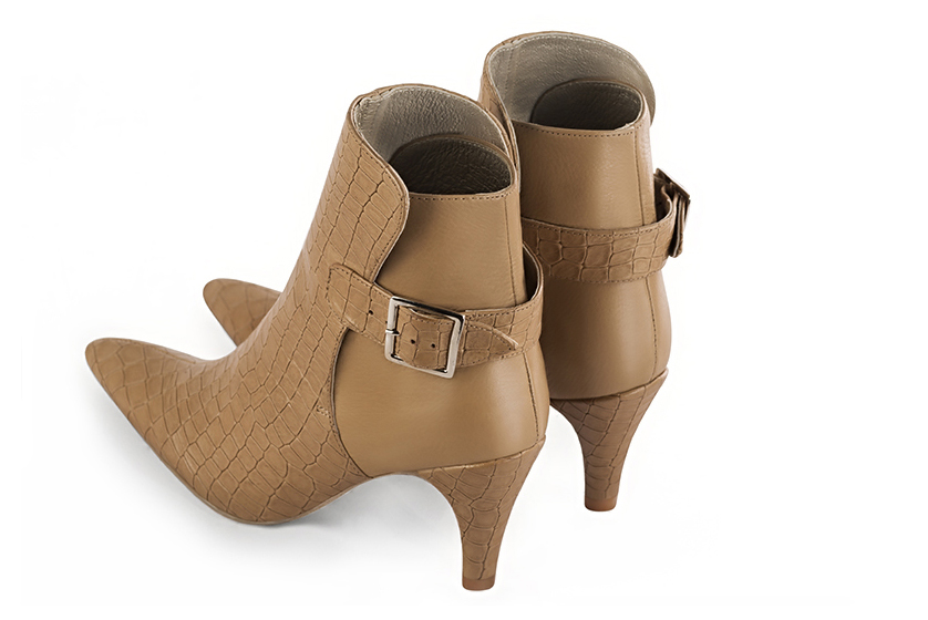Camel beige women's ankle boots with buckles at the back. Tapered toe. High slim heel. Rear view - Florence KOOIJMAN